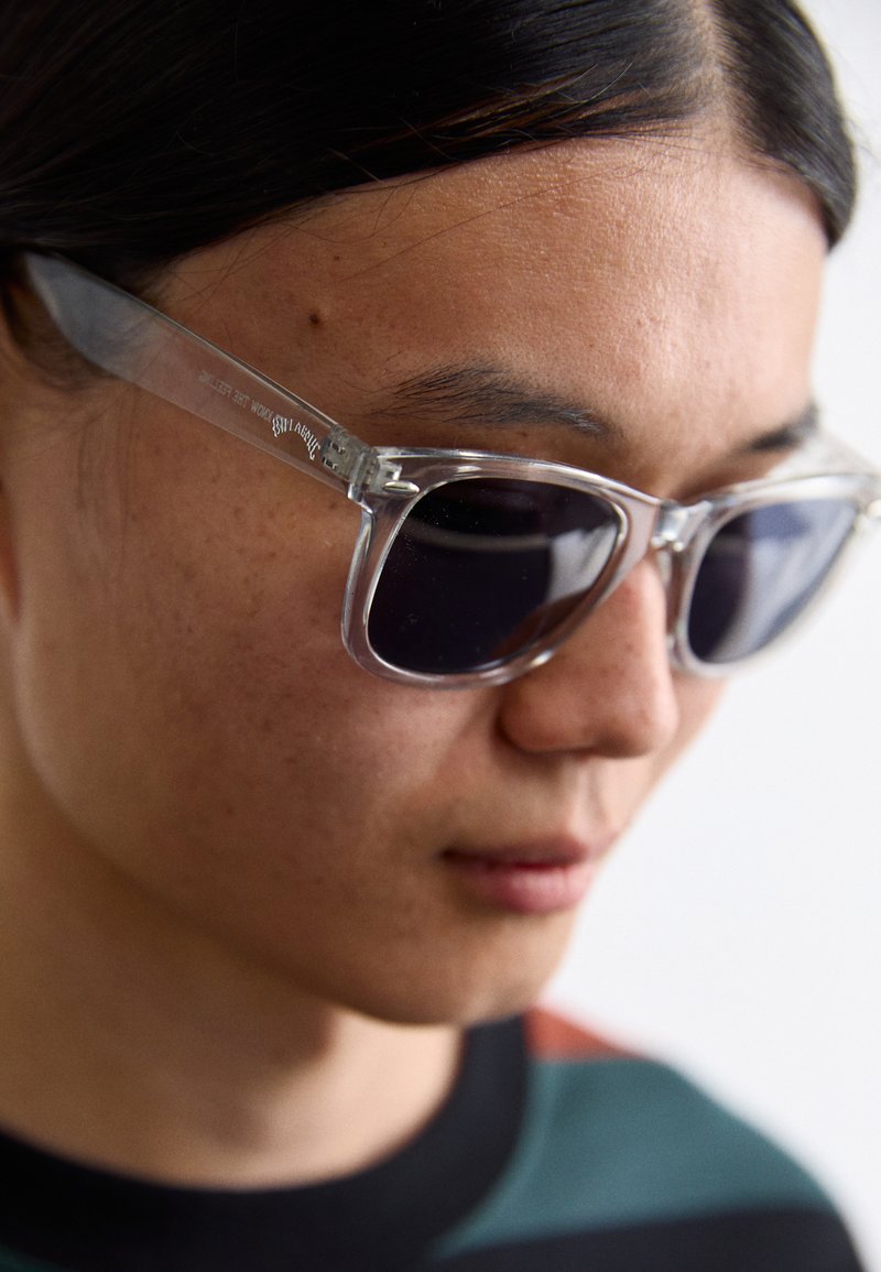 Gafas de sol claras y geométricas con lentes oscuros. Montura de acetato transparente con un diseño elegante y herrajes de bisagra visibles.