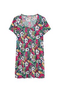 Gėlėta trumpa tunika su apvaliu kaklu, puikuojanti mišriu raštu – rožinėmis, baltomis ir geltonomis gėlėmis žaliame ir mėlyname fone.