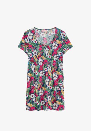 Kukallinen lyhythihainen tunika, jossa on pyöreä pääntie. Tunika esitää sekoitettua kuviota pinkeistä, valkoisista ja keltaisista kukista vihreällä ja tummansinisellä taustalla.