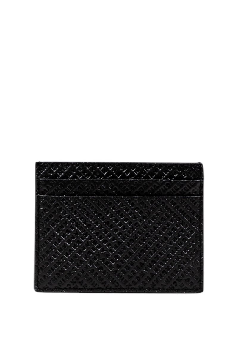 Portafoglio nero realizzato in pelle testurizzata, caratterizzato da un motivo diagonale, con multiple fessure per carte e una forma rettangolare elegante.