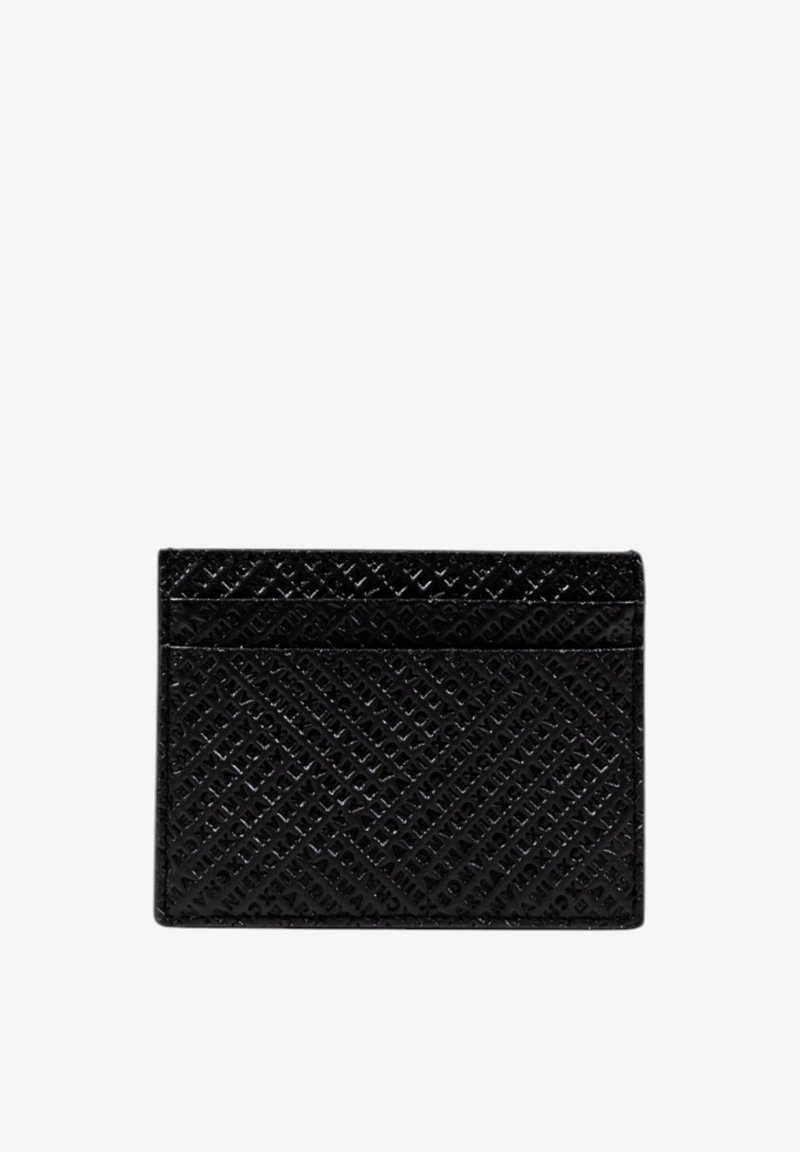 Portafoglio nero realizzato in pelle testurizzata, caratterizzato da un motivo diagonale, con multiple fessure per carte e una forma rettangolare elegante.