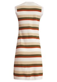 Gestricktes, ärmelloses Kleid mit mehrfarbigen Streifen: weiß, beige, olivgrün und orange. Texturiert, lockere Passform und knielang.