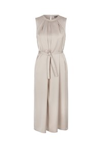 Mouwloze beige jumpsuit met een geplisseerde bodice, een ceintuur rond de taille en zijzakken, gemaakt van een zachte, lichte stof.