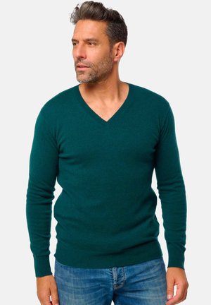 Pull en tricot vert avec un col en V, des manches longues et des bords côtes. Assorti à un jean en denim bleu. Texture lisse et coupe ajustée.