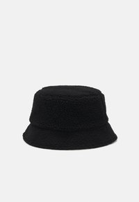 Black bucket hat made of textured fleece, featuring a wide, floppy brim and a cylindrical crown with a seam around the middle.