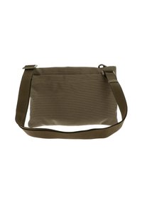 Sac bandoulière en tissu marron avec sangle réglable, forme rectangulaire, surface texturée et une poche discrète à l'avant.