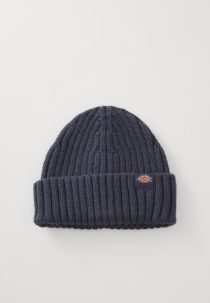 Navy knitted beanie with a ribbed texture, folded brim, and a small colorful Dickies logo tag on the side.
