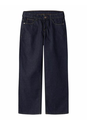 Tumši zili džinsa džinsi ar taisnu kāju dizainu, pieciem kabatām, redzamām šuvēm un pogas aizdari viduklī.