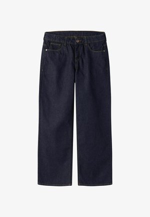 Tumesinised teksapüksid sirge lõikega, millel on viis taskut, nähtav õmblus ja vöökoha kinnitamiseks nupp.