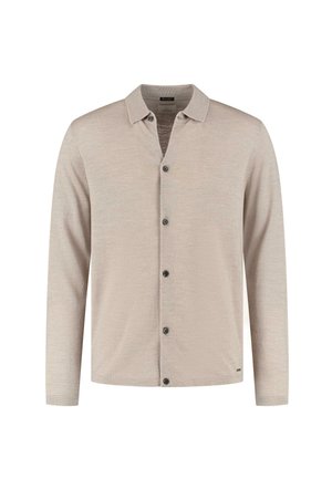 Beige overhemd met lange mouwen en een kraag, met een knoopsluiting aan de voorkant, textuurstof en vijf donkere knopen voor sluiting.