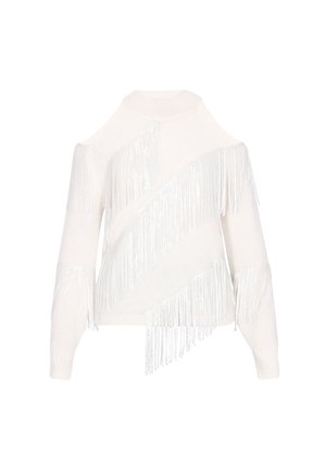 Weißer Strickpullover mit diagonalen silbernen Fransenakzenten an der Vorderseite und den Ärmeln, mit einem hohen Halsausschnitt und einem offenen Schulterdesign.