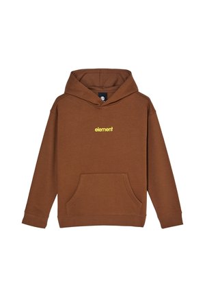Felpa marrone con cappuccio, maniche lunghe, tasca frontale e logo giallo "element" al centro del petto.