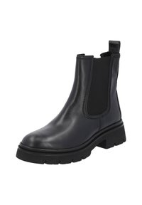 Black leather Chelsea boot with elastic side panels, rounded toe, and textured rubber sole. Features a pull tab for easy wear.