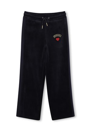 Pantalons en velours bleu marine avec une coupe décontractée, dotés d'une taille à cordon de serrage et d'un patch décoratif "Rykiel" avec un emblème en forme de cœur.