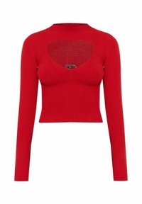 Top a maniche lunghe rosso con costine e scollo a V profondo con ritaglio. Presenta un dettaglio logo circolare argentato sulla scollatura. Design aderente.