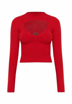 Top a maniche lunghe rosso con costine e scollo a V profondo con ritaglio. Presenta un dettaglio logo circolare argentato sulla scollatura. Design aderente.