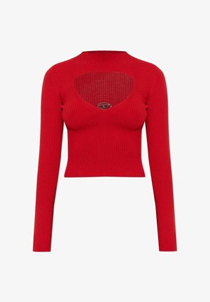 Top a maniche lunghe rosso con costine e scollo a V profondo con ritaglio. Presenta un dettaglio logo circolare argentato sulla scollatura. Design aderente.