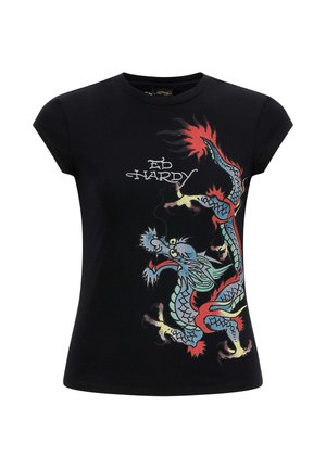 Zwarte T-shirt met korte mouwen met een kleurrijke draakafbeelding en "Ed Hardy"-tekst. Gemaakt van katoen met een zachte textuur.