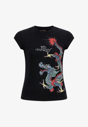Black short-sleeve t-shirt featuring a colorful dragon graphic and "Ed Hardy" text. Made of cotton with a soft texture.