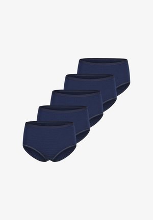 Cinque slip senza cuciture blu navy disposti in una pila sfalsata su uno sfondo bianco.