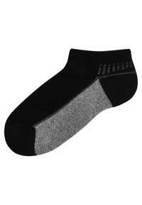 Schwarze Knöchelsocke mit kontrastierendem grauem Fersen- und Zehenbereich. Aus weichem Material gefertigt, mit glatter Textur und subtilem Muster nahe dem Knöchel.
