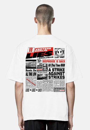 White cotton t-shirt featuring a bold graphic design on the back with text, images, and black and red accents resembling newspaper clippings.