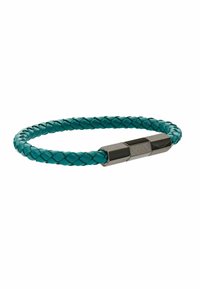 Bracelet en cuir tressé couleur sarcelle avec une fermeture métallique texturée, des accents noirs contrastants et un design géométrique.