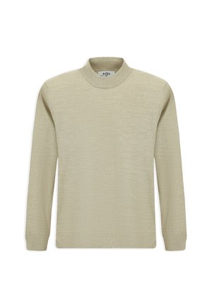 Helles beiges Sweatshirt aus weichem Stoff, mit hohem Kragen und langen Ärmeln. Gerippte Bündchen und Saum sorgen für eine subtile Textur.