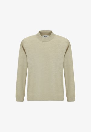 Pull léger beige fabriqué en tissu doux, avec un col montant et de longues manches. Les poignets et l'ourlet côtelés apportent une texture subtile.