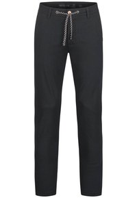 Black pants made of soft fabric, featuring a drawstring waistband with a woven pattern and straight legs. Minimalistic design without visible branding.