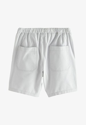 Šviesiai pilkos šortai su elastine juosta ir dviem užpakalinėmis kišenėmis. Audinys lygus, su toniniu siuvimu ir paprastu, funkcionaliu dizainu.