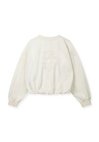 Sweat-shirt court beige avec un col rond, une ceinture élastique et un logo brodé au dos. Tissu doux et texturé.