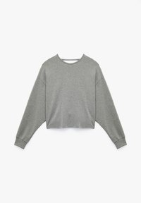 Przycięty szary sweatshirt z długimi rękawami, okrągłym dekoltem, elastycznym materiałem i ściągaczami. Gładka tekstura z minimalną ilością szwów.