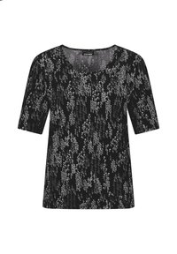 Haut noir à manches courtes avec un motif abstrait et texturé gris, présentant un décolleté en V et une coupe ample. Tissu doux avec un design décontracté.