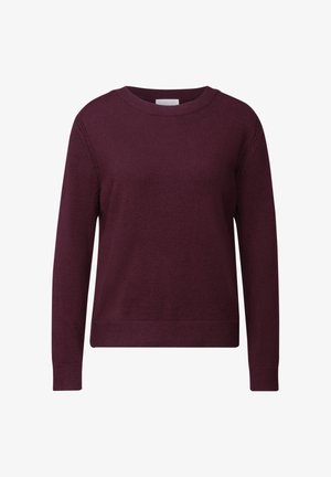 Pull en maille bordeaux avec un col rond, des manches longues et des bords-côtes aux poignets et à l'ourlet. Texture douce et coupe décontractée.