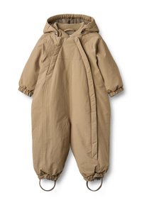 Tan padded overall with a hood, elastic cuffs, and drawstring waist. Features a smooth texture and two loops at the base of the legs.
