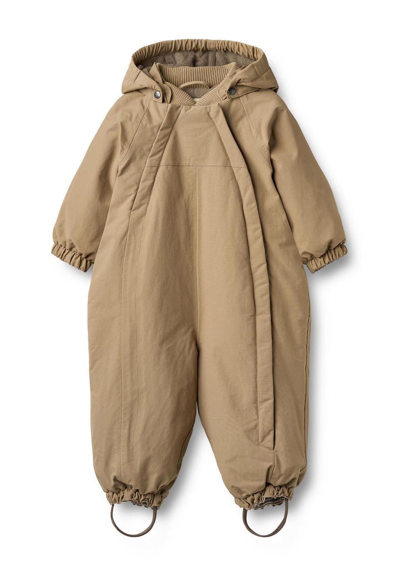 Tan padded overall with a hood, elastic cuffs, and drawstring waist. Features a smooth texture and two loops at the base of the legs.