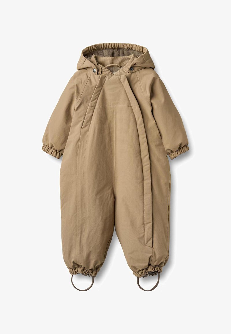 Tan padded overall with a hood, elastic cuffs, and drawstring waist. Features a smooth texture and two loops at the base of the legs.