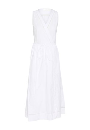 Robe sans manches blanche à encolure en V, avec une taille à nouer ajustable et un ourlet présentant des détails brodés subtils. Fabriquée en tissu léger.