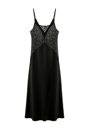 Schwarzes Midi-Trägerkleid mit Spaghettiträgern, Pailletten-Oberteil und Spitzeneinsatz am Ausschnitt.