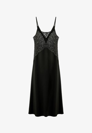 Schwarzes Midi-Trägerkleid mit Spaghettiträgern, Pailletten-Oberteil und Spitzeneinsatz am Ausschnitt.