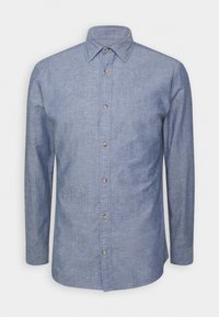 Camicia a maniche lunghe in tessuto chambray azzurro chiaro, con bottone frontale, colletto a punta, dettagli con bottoni e orlo dritto.