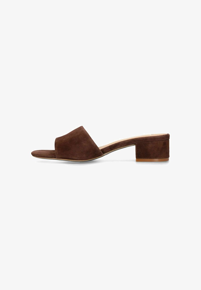 Brown suede open-toe mule with a low block heel and smooth sole, designed for casual or dressy wear.
