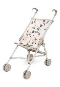 Lichtbeige lichtgewicht kinderwagen met vier dubbele wielen en een stoffen zitting met zwart en oranje prints van luchtballonnen, voorzien van een veiligheidsriem.