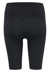 Zwarte sportbroekjes met een hoge tailleband, voorzien van een mesh driehoekige inzet en een gladde textuur, die tot halverwege de kuit reikt.