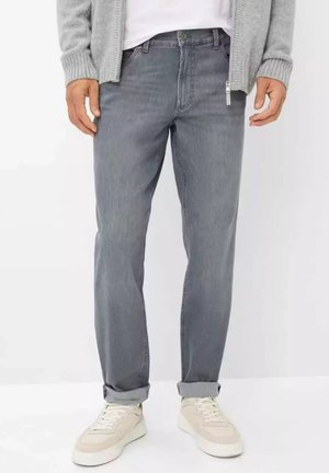 Gray jeans with a straight-leg cut, made from denim. Features a classic five-pocket design and cotton blend fabric for comfort.