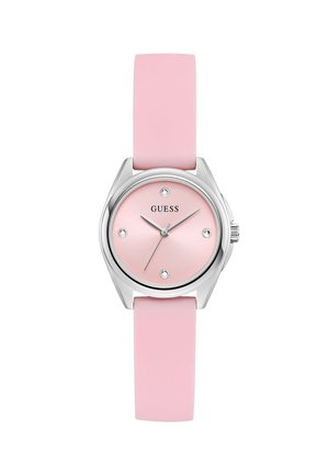 Rózsaszín szilikon szíjas óra ezüst tokkal és világos rózsaszín számlappal. Öt kristályos jelzővel rendelkezik, valamint egy egyszerű ezüstszínű órakezével.