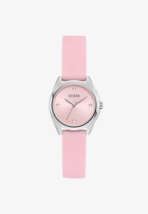Roze siliconen horloge met een zilveren kast en een lichtroze wijzerplaat. Bevat vijf kristallen markeringen en een eenvoudige zilverkleurige uurwijzer.