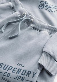 Lys blårende sweatpants lavet af bomuldsblandet stof, med ribbet linning, snøre og trykte logo-detaljer i mørkere blå.
