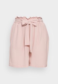 Shorts taille haute rose clair en tissu texturé, avec une taille effet paperbag, des poches latérales et une ceinture à nœud devant.